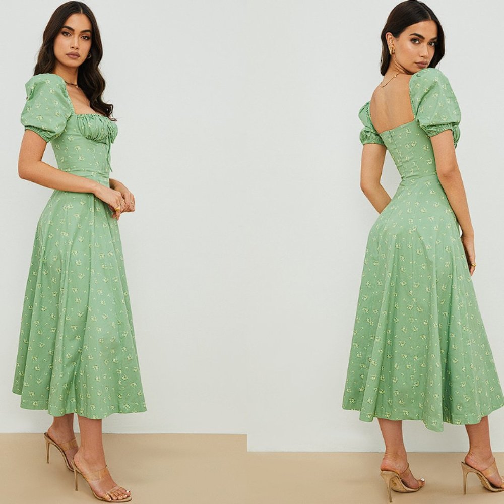 HOUSE OF CB 'Tallulah' Olive Floral Puff Sleeve Midi Dress NWOT - Picture 3 of 9